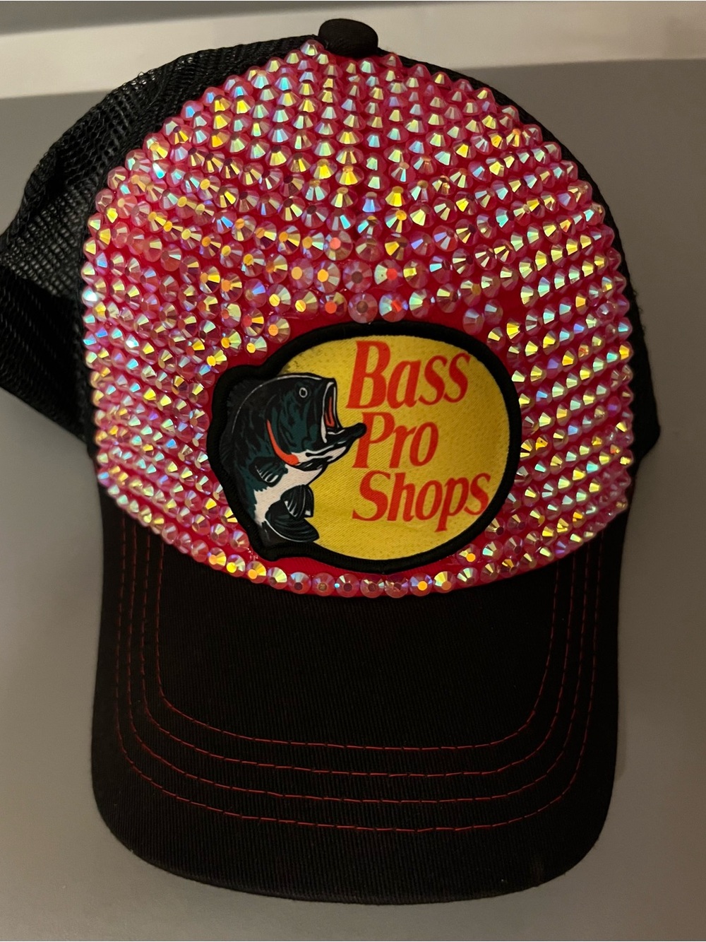 Bass Pro Shops Pink Rhinestone Trucker Hat with Black Bill